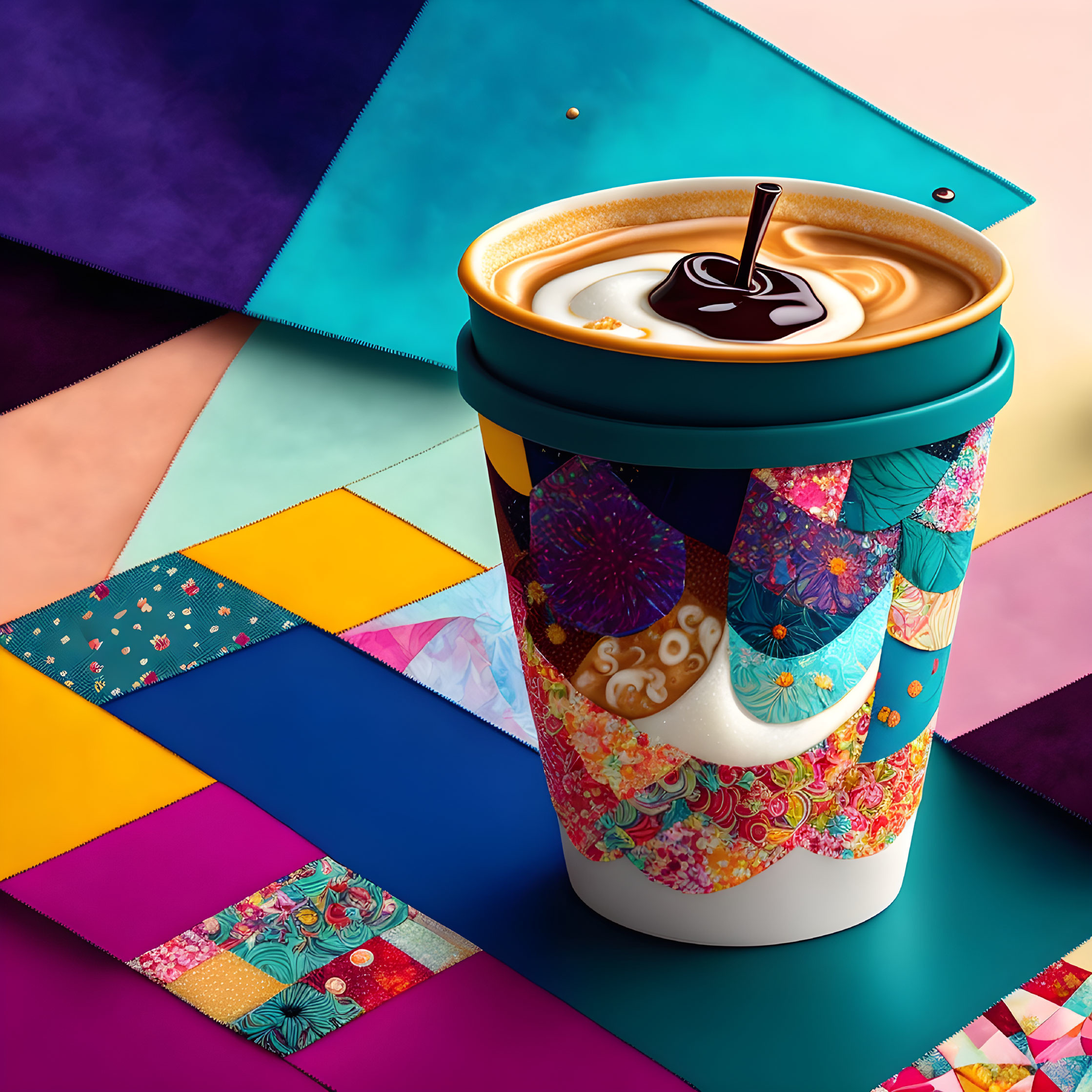 Colorful Patterned Takeaway Coffee Cup on Vibrant Patchwork Surface