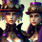 Two female figures in purple steampunk attire with golden accents and ornate hats.