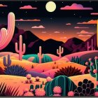 Desert sunset scene with cacti, colorful hills, and sun.