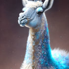 Adorned llama with shimmering blue coat and golden accessories