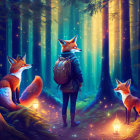 Enchanted forest scene with four glowing foxes and lantern