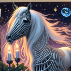 Skeleton horse with floral mane in mystical night scene