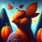 Fantastical orange bird with leaf-like feathers in pumpkin patch.