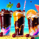 Vibrant milkshakes with whipped cream, fruit toppings, and mint leaves on beach background