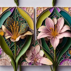 Detailed paper art of pink lilies on geometric background