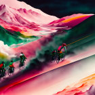 Colorful digital artwork: Cyclists racing in surreal landscape.