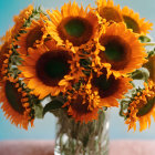 Bright yellow sunflowers in glittery vase on blue background