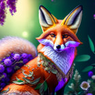 Colorful Fox Illustration Surrounded by Flowers and Greenery