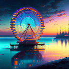 Vibrant orange and blue sunset over calm sea with lit-up Ferris wheel and ship silhou