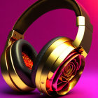 Gold-Black Headphones with Rose Designs on Purple Background