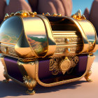 Golden treasure chest with ocean scene and rocky islands on sandy shore