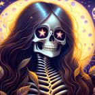 Colorful Skeleton Artwork with Galactic Elements on Blue Background