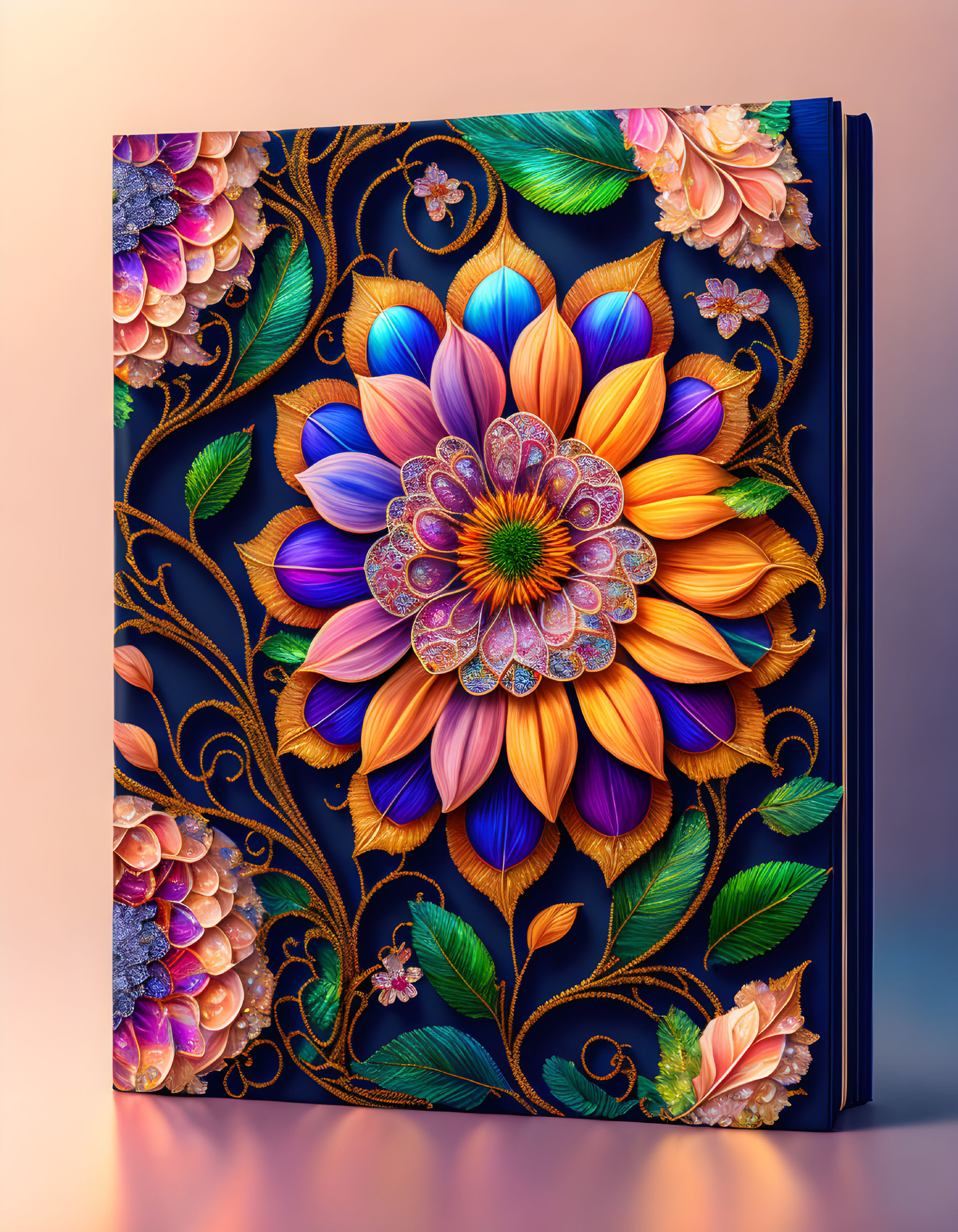 Intricate floral pattern on dark book cover with vibrant colors