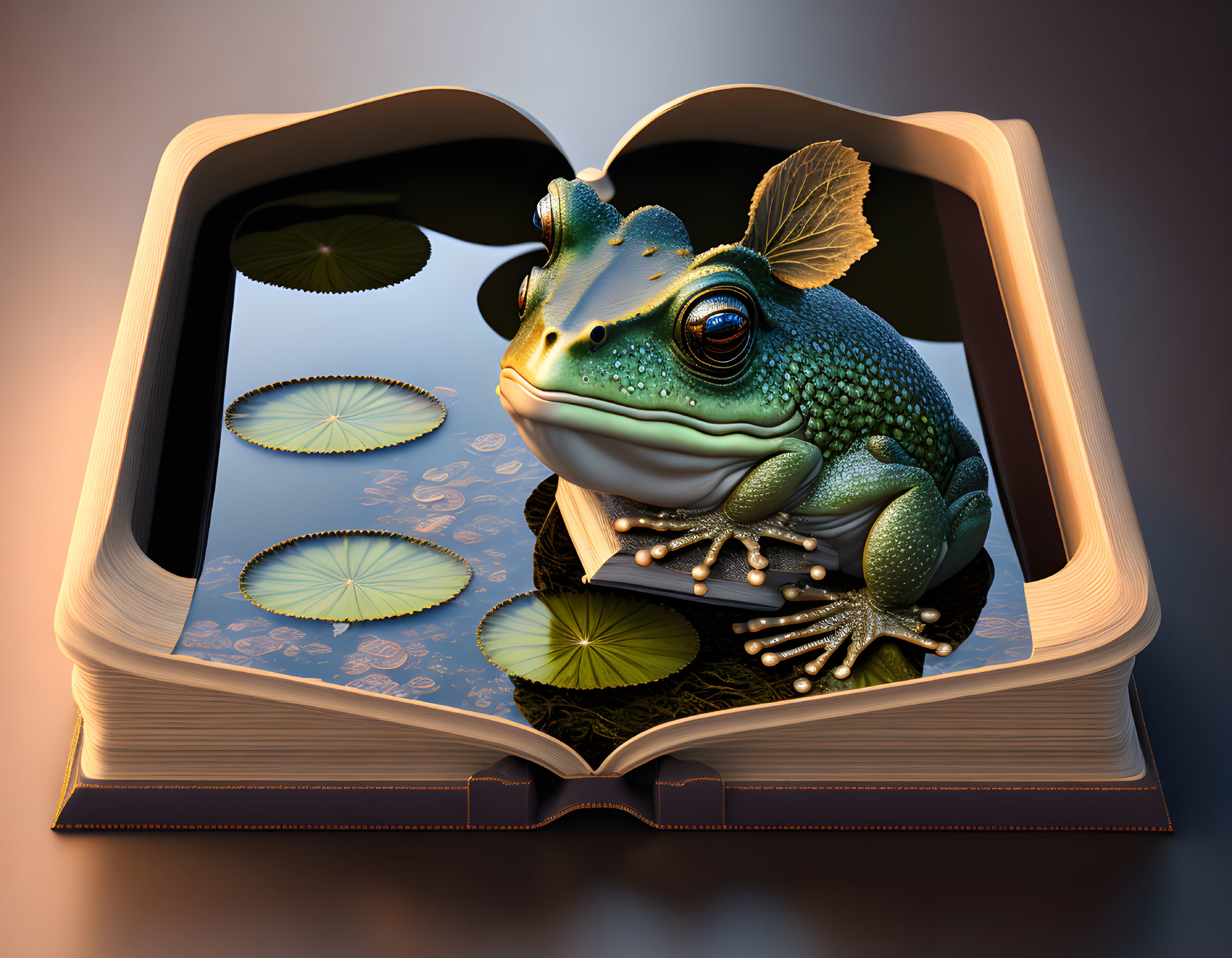 Realistic 3D frog on pond in open book illustration