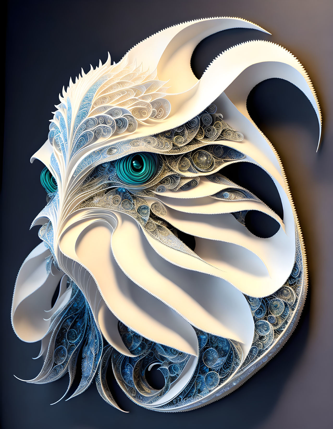 Abstract digital artwork: Ornate creature with vibrant blue eye