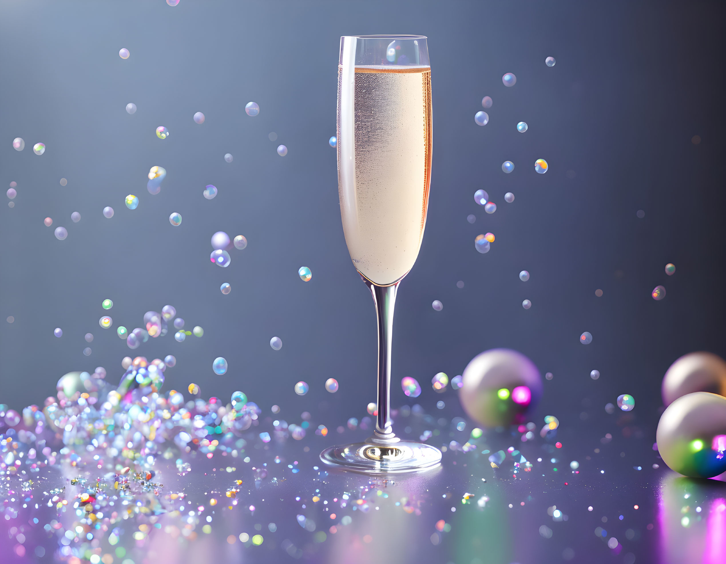 Colorful confetti and bubbles around champagne glass