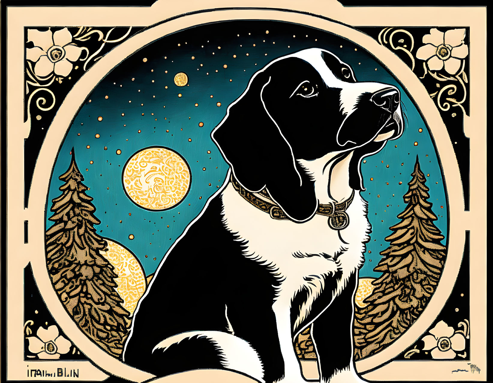 Black and White Dog Illustration with Celestial and Forest Motifs