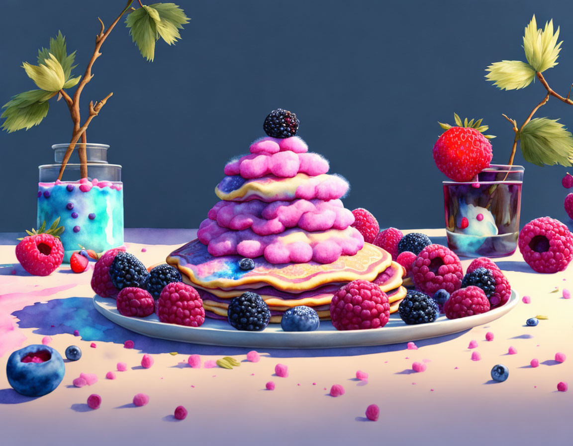 Vibrant stacked dessert with berries and fruits on dark background