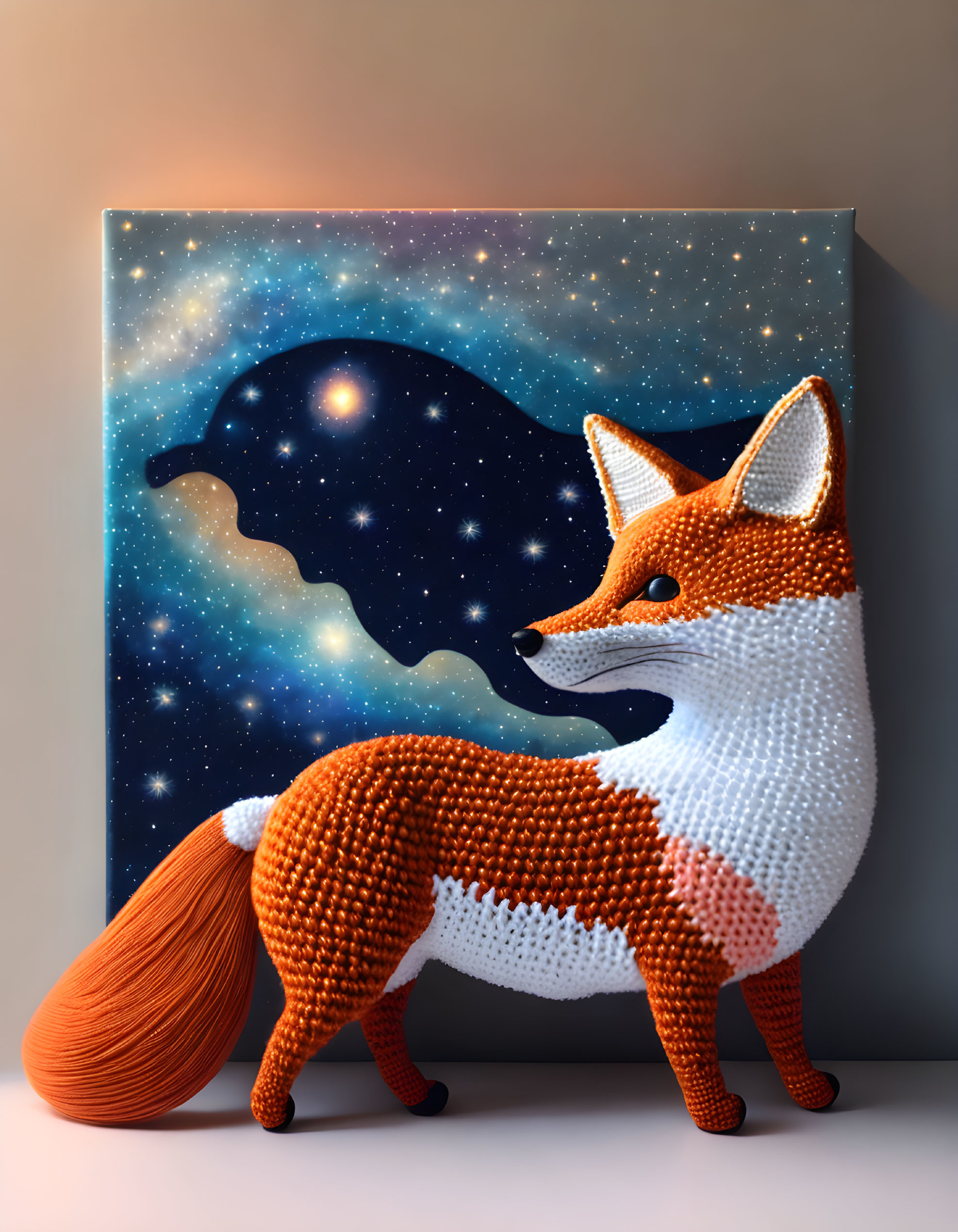 Knitted fox and wolf under starry sky on canvas