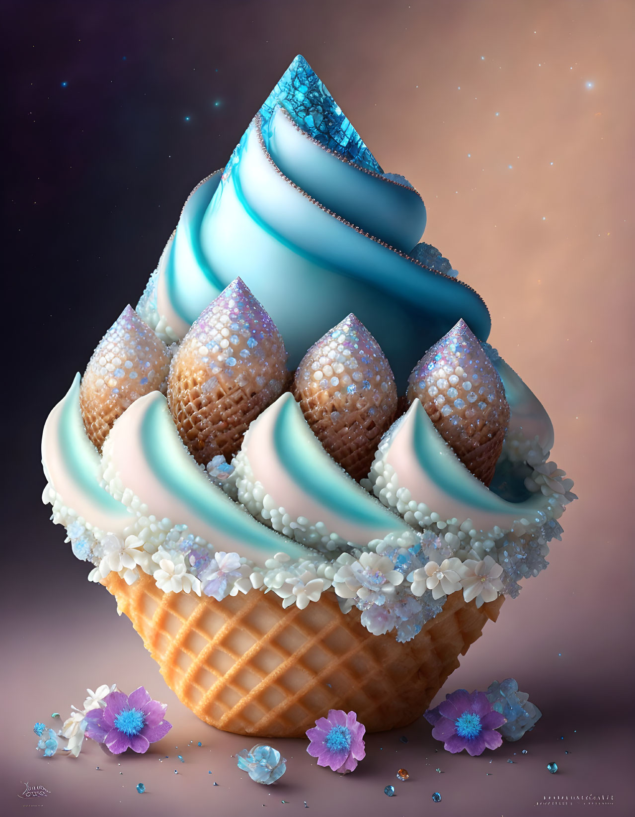 Swirled Blue and White Fantasy Ice Cream Cone with Gem-like Decorations