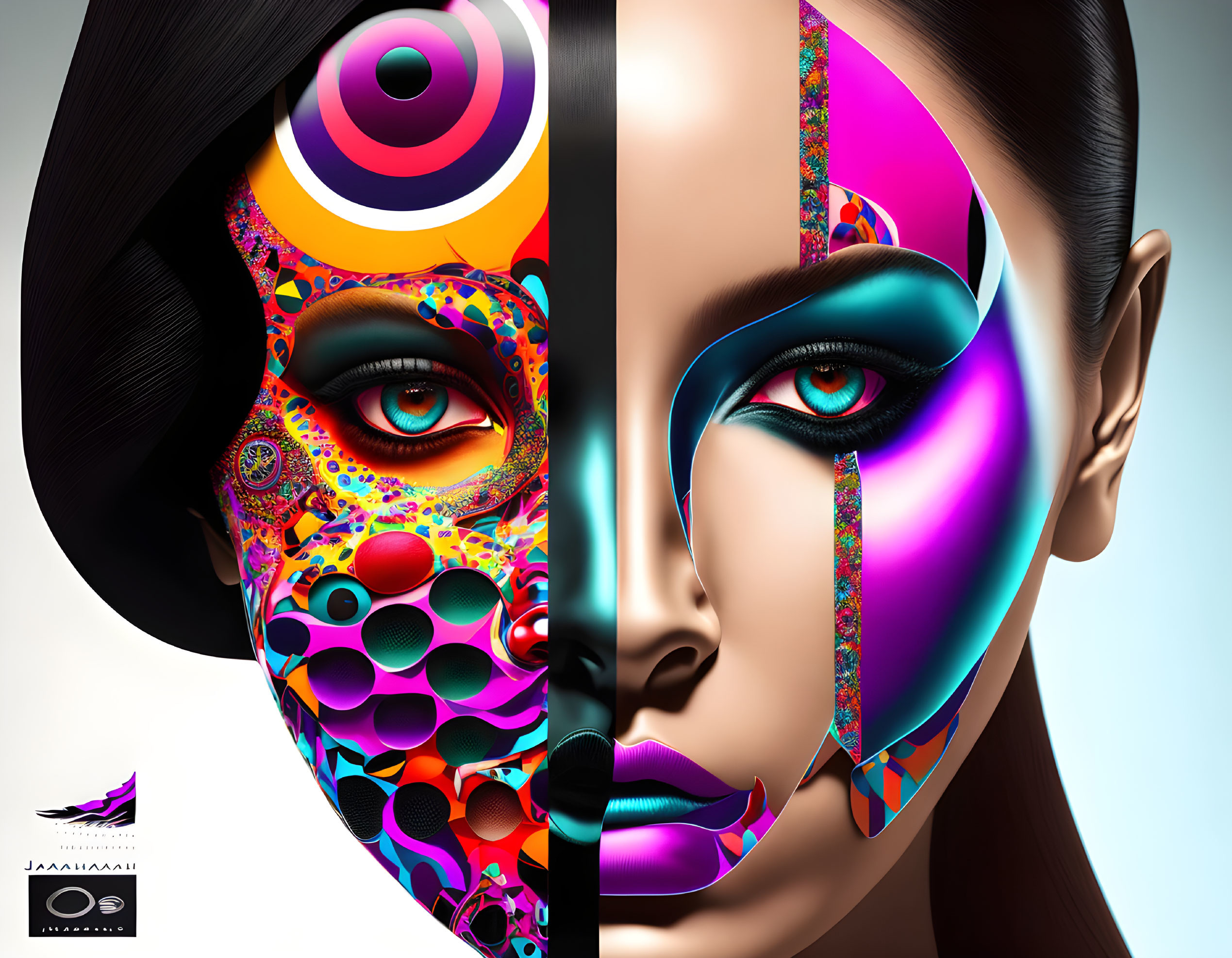 Split face digital artwork: abstract patterns vs. realistic female face with makeup