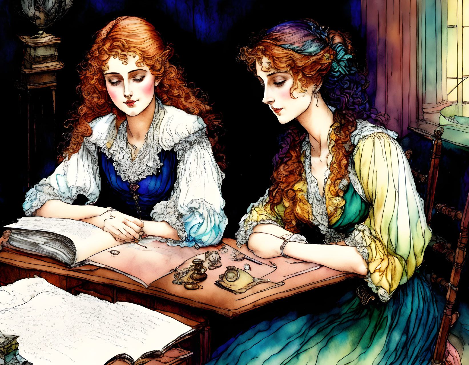 Two women with flowing hair at a table with book and items in detailed, colorful illustration