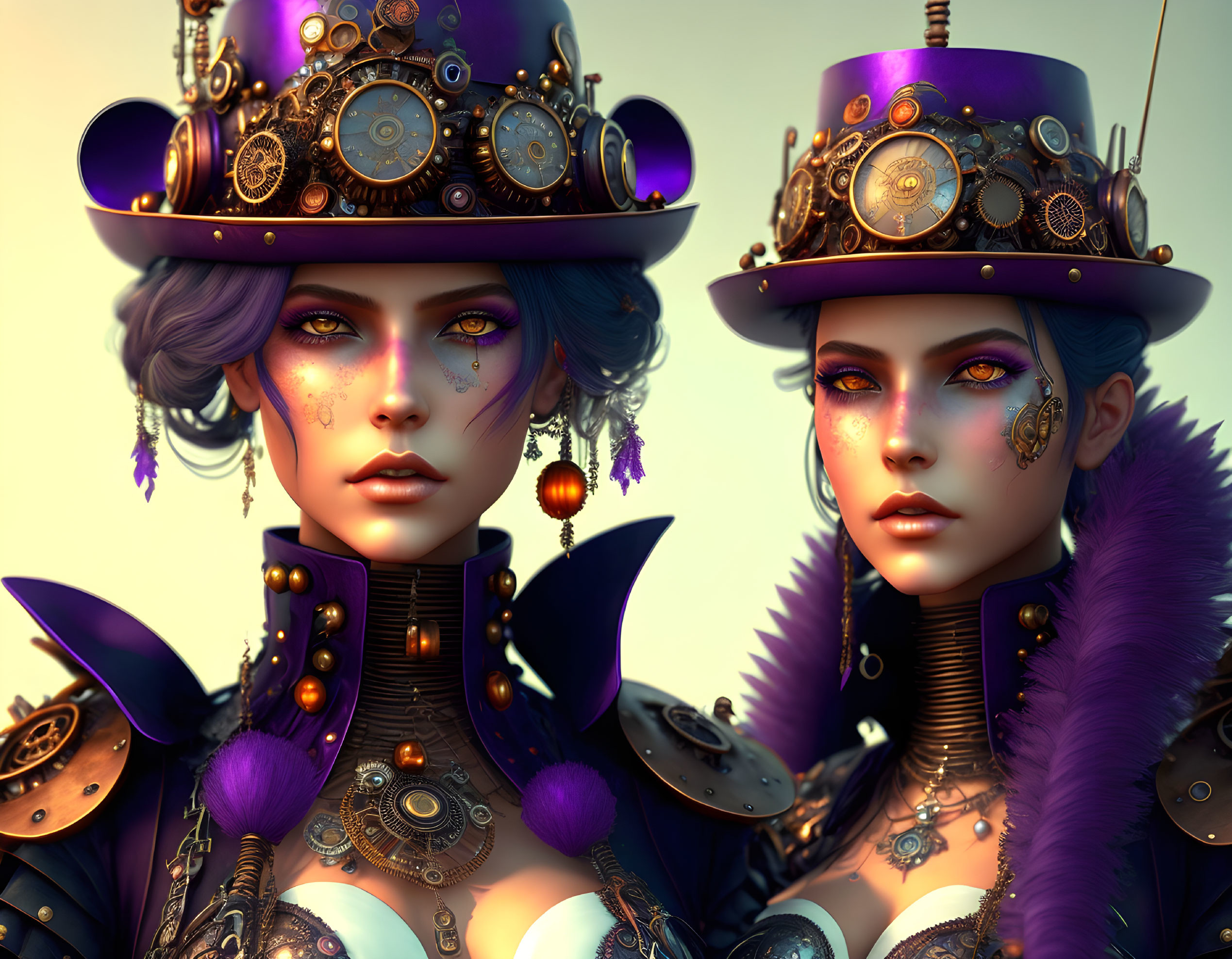 Two female figures in purple steampunk attire with golden accents and ornate hats.