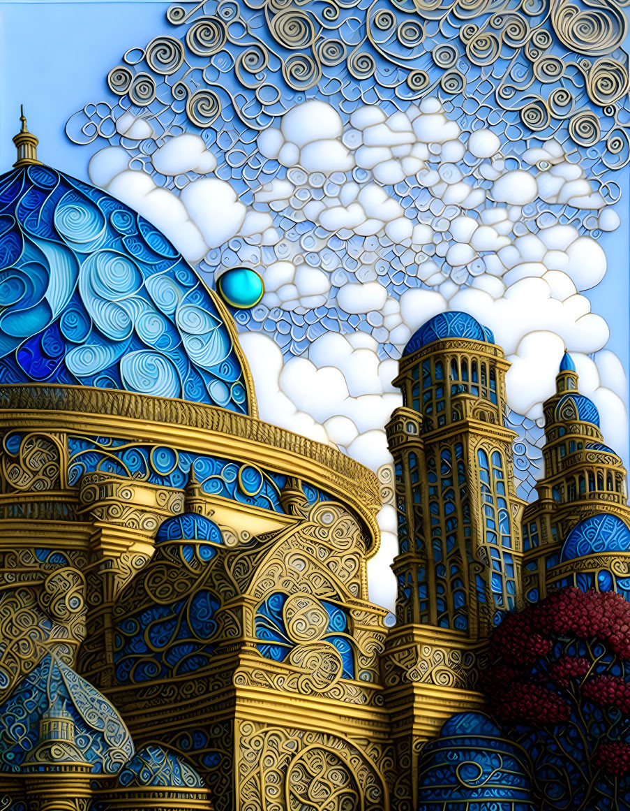 Ornate patterned buildings with domes and towers in surreal art