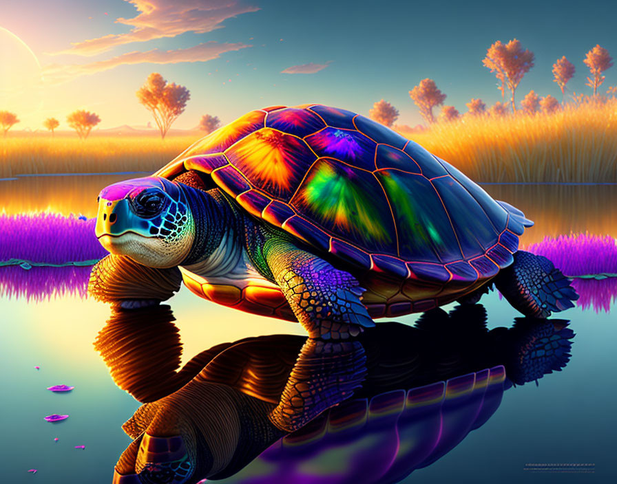 Colorful Turtle Artwork by Tranquil Lake at Sunset