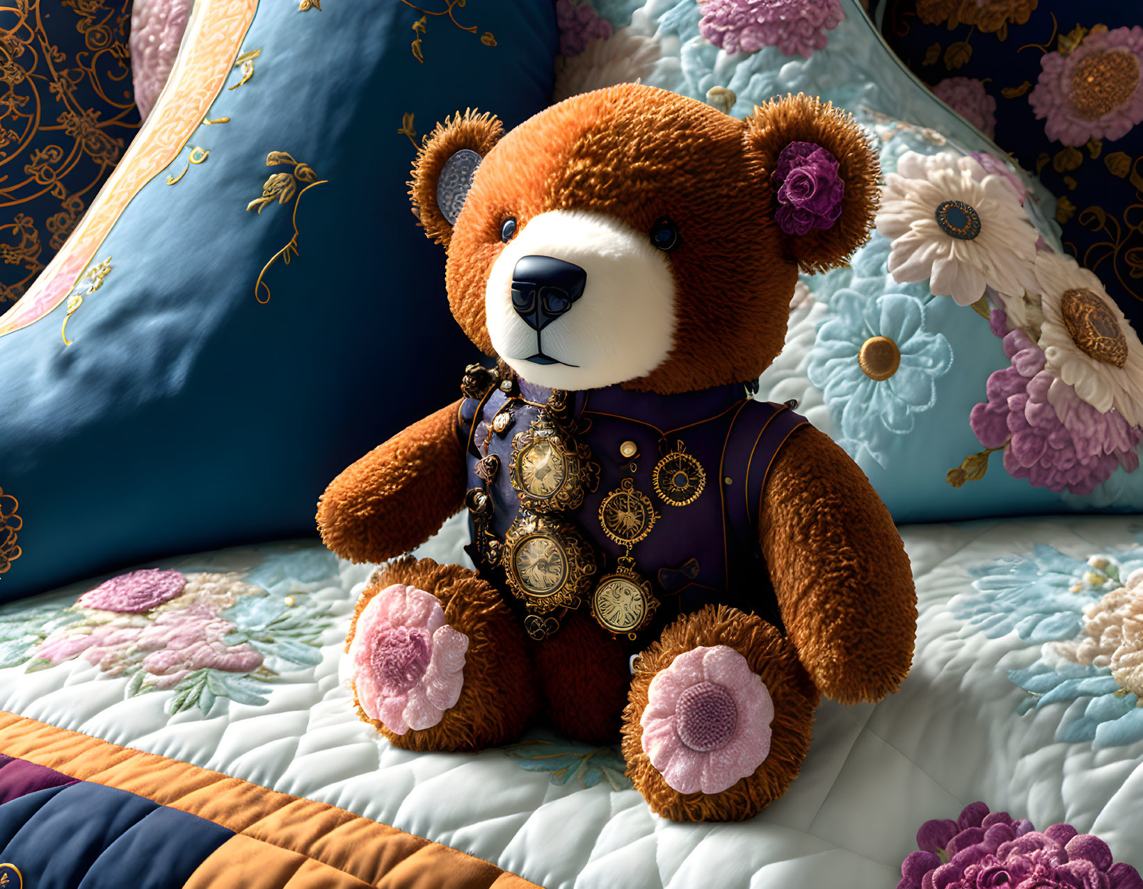 Plush Teddy Bear in Royal Blue Vest on Floral Bedspread