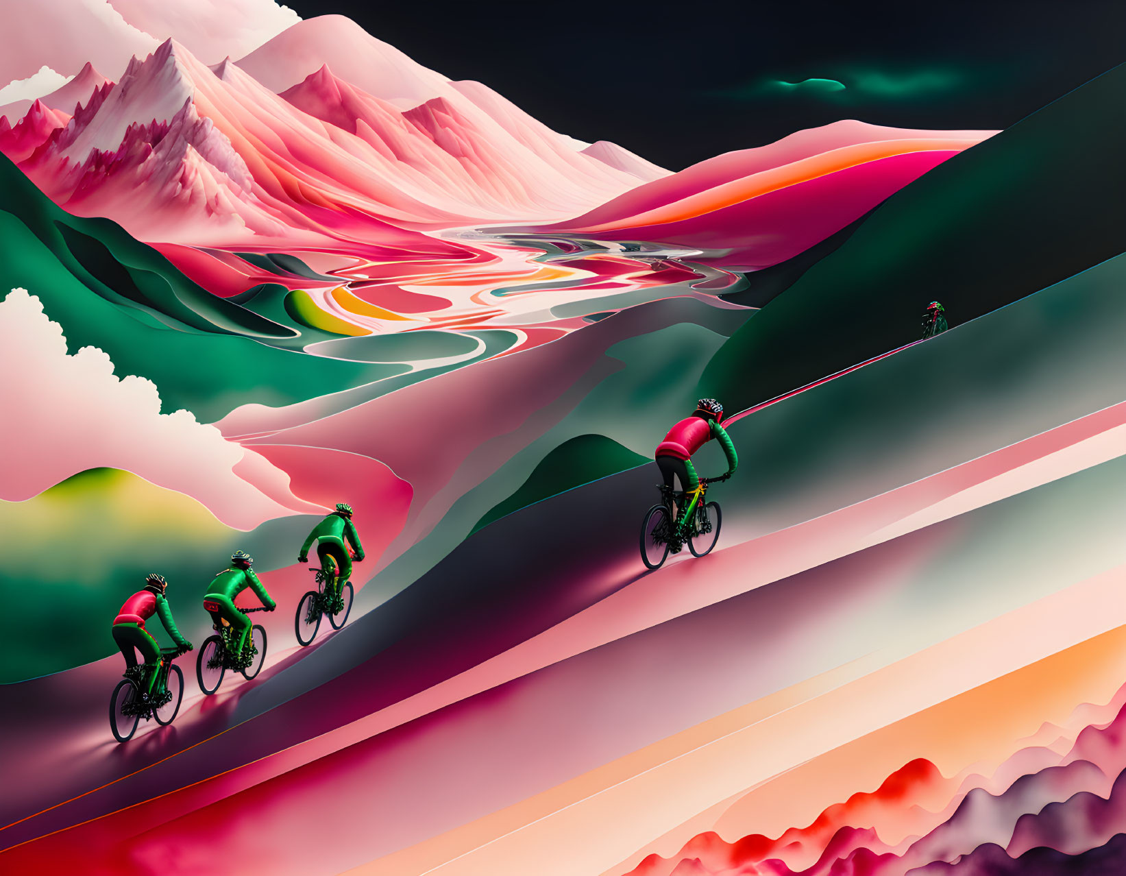 Colorful digital artwork: Cyclists racing in surreal landscape.