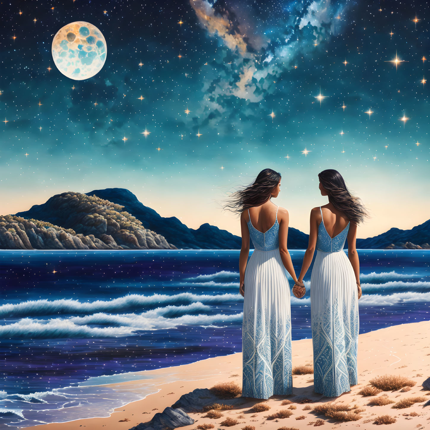 Two Women in White Dresses on Beach at Night under Starry Sky