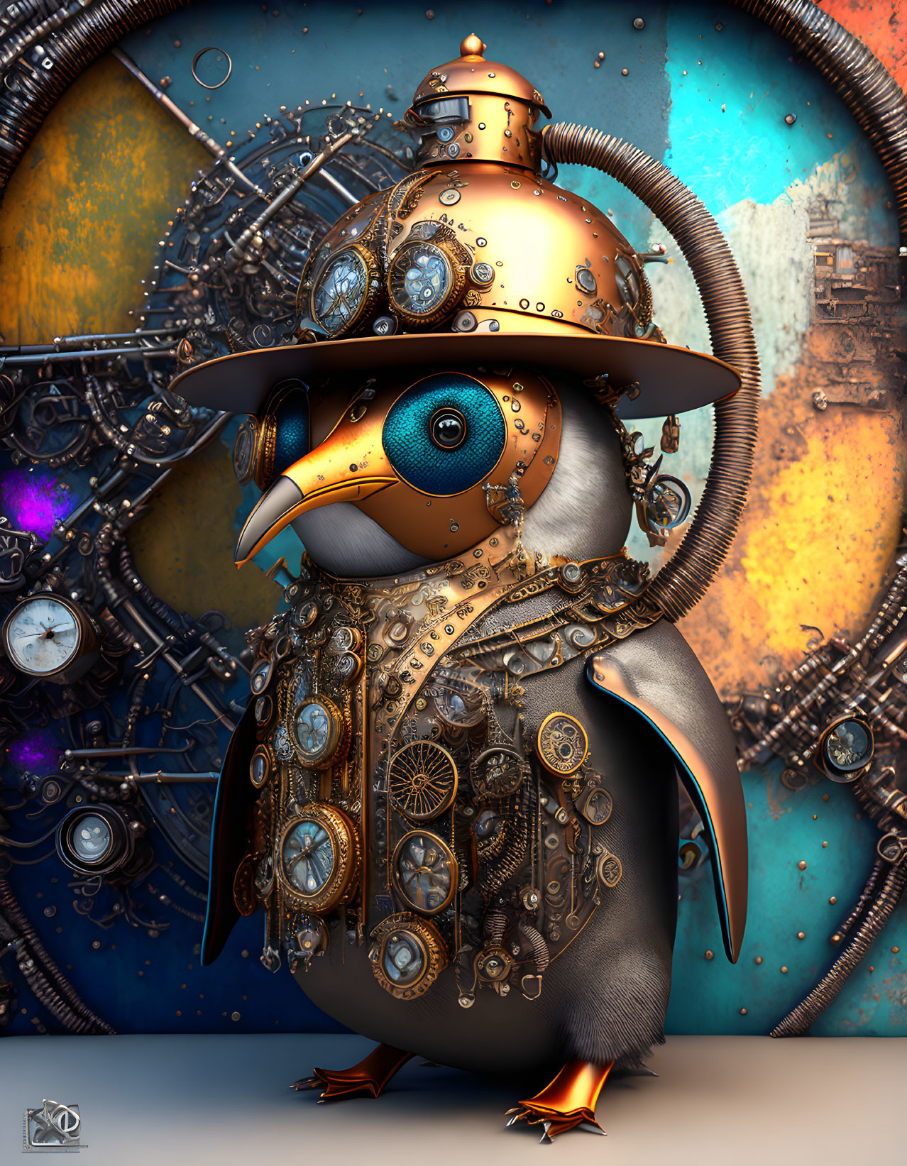 Steampunk-style penguin illustration with metallic and gear components