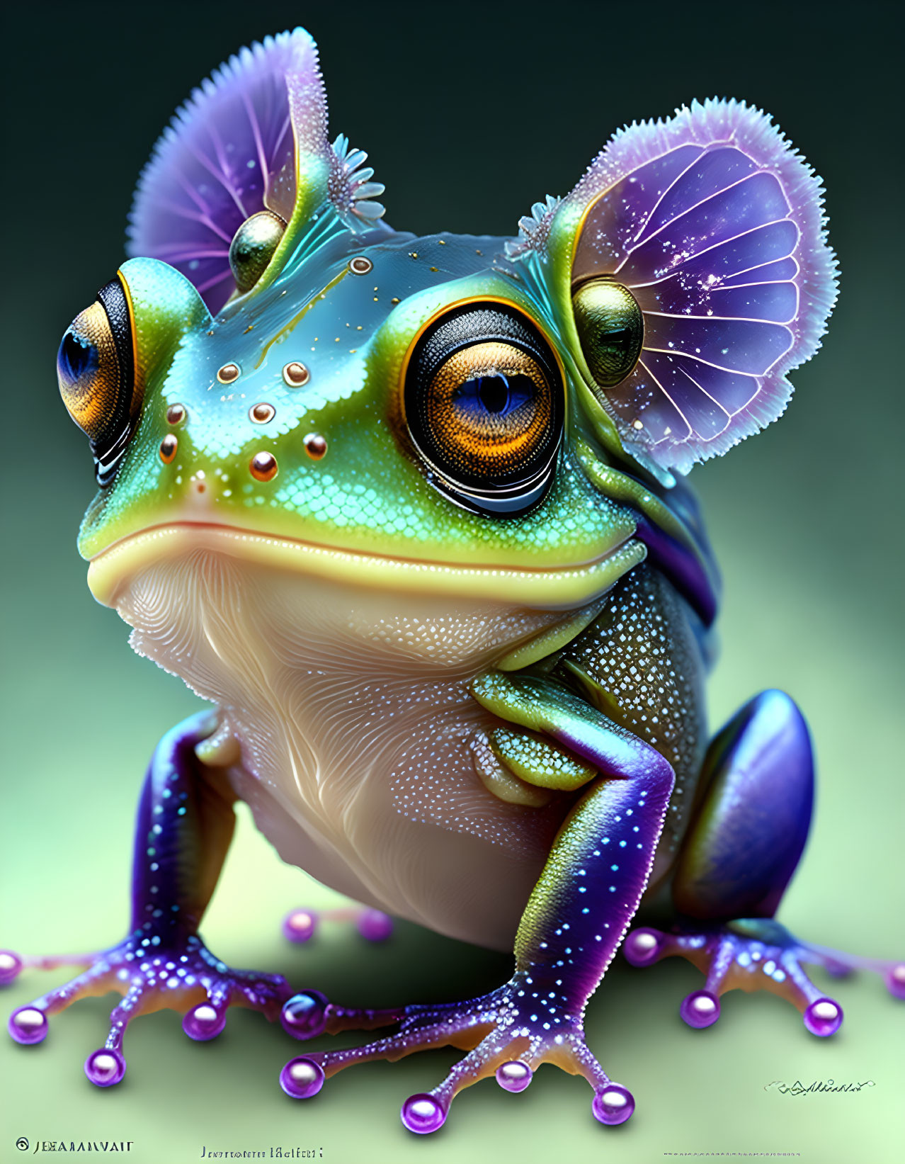 Colorful frog with exaggerated features in digitally-enhanced image