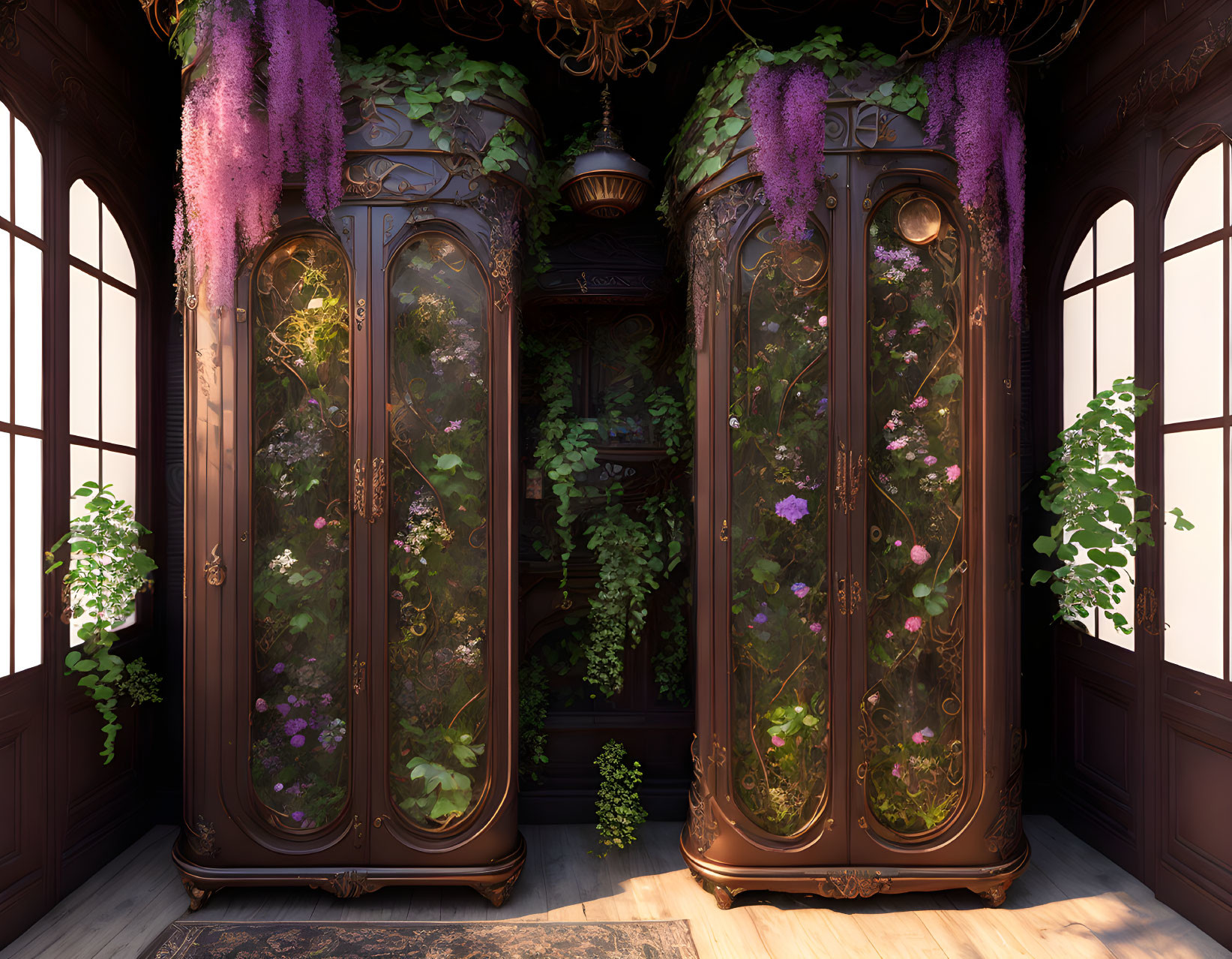 Wooden room with glass display cabinets filled with greenery and purple flowers under warm light