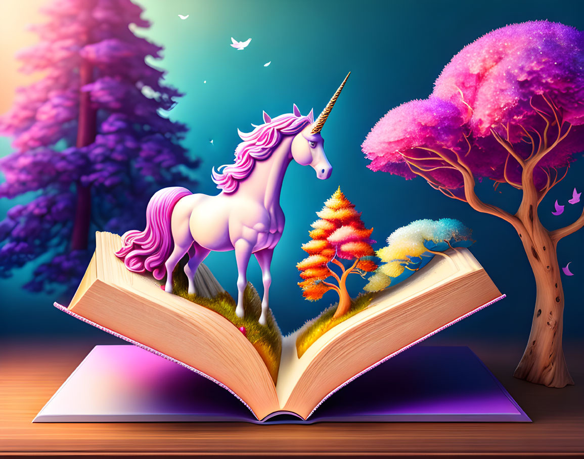 Illustration of open book: unicorn, colorful trees, dove in magical twilight.