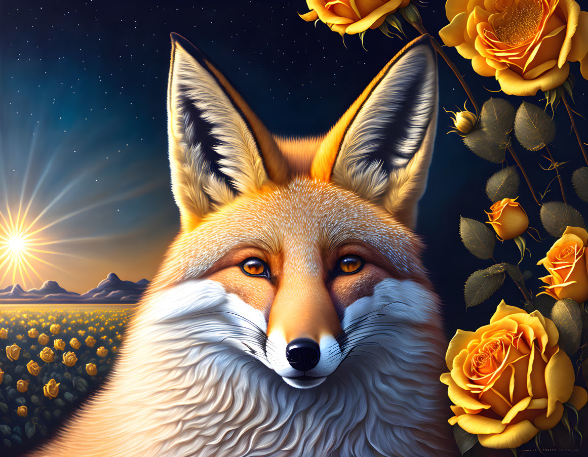 Realistic fox with vibrant orange fur among yellow roses under starry sky