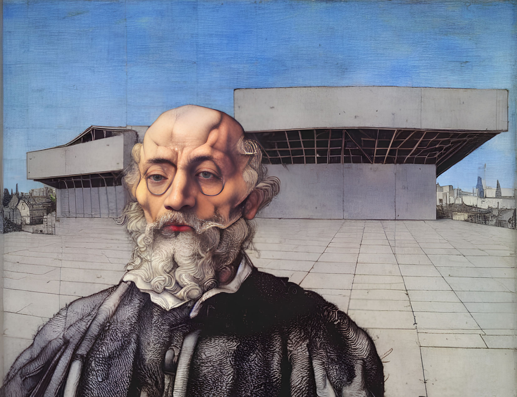 Elderly man portrait collaged with modern building on blue sky