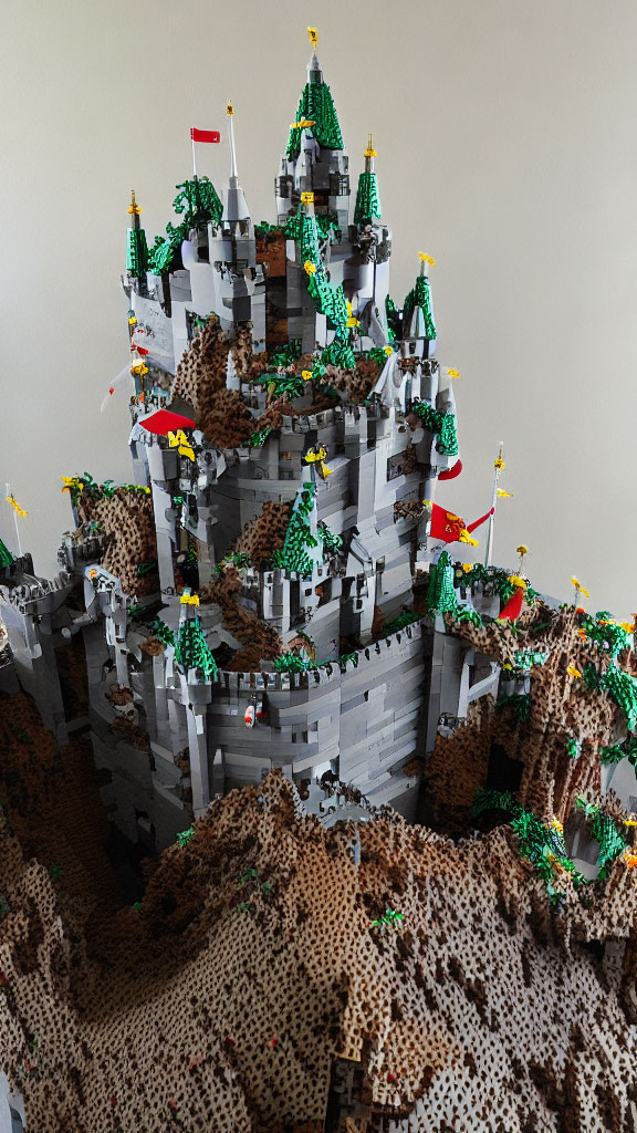 Detailed LEGO Castle Set with Towers, Flags, and Rocky Landscape