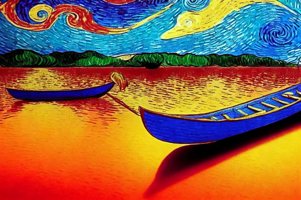 Vibrant orange beach painting with blue boats and swirling sky