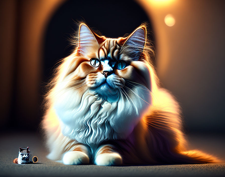 Fluffy cat with blue eyes and tiny replica beside a ring