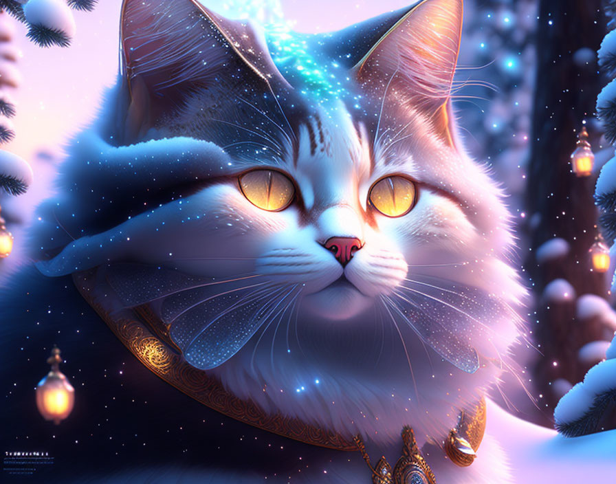 Whimsical cat digital art in wintry scene with glowing eyes