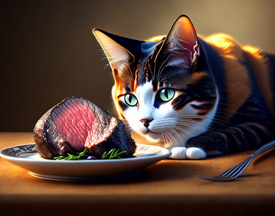 Calico Cat with Green Eyes Staring at Juicy Steak on Plate