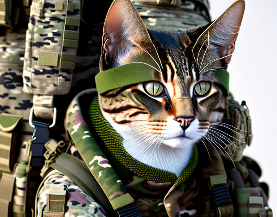 Realistic digital art: Cat in military camouflage attire.