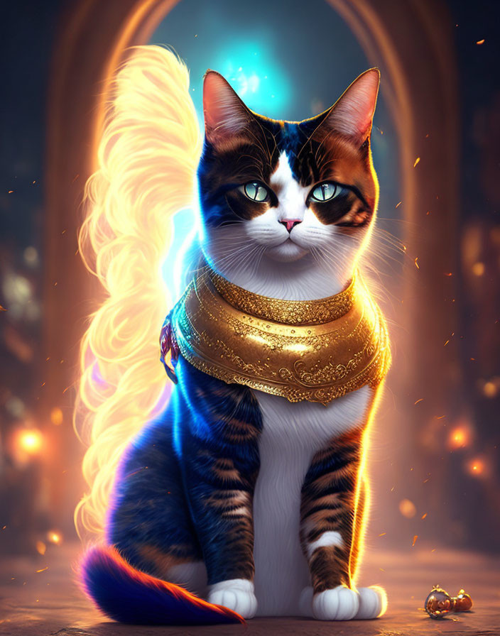 Elegant cat with fiery tail and golden collar on mystical portal background