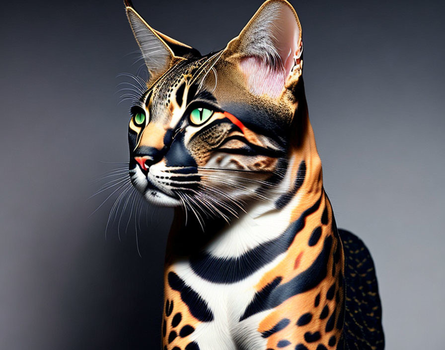 Hyper-realistic digital artwork of a cat with black spots, orange-brown fur, and green eyes