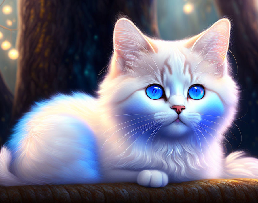 White Cat with Blue Eyes Resting on Branch in Mystical Forest