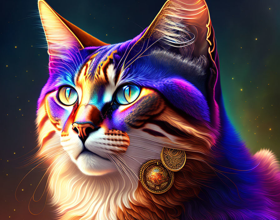 Majestic cat digital art with cosmic colors and golden earring