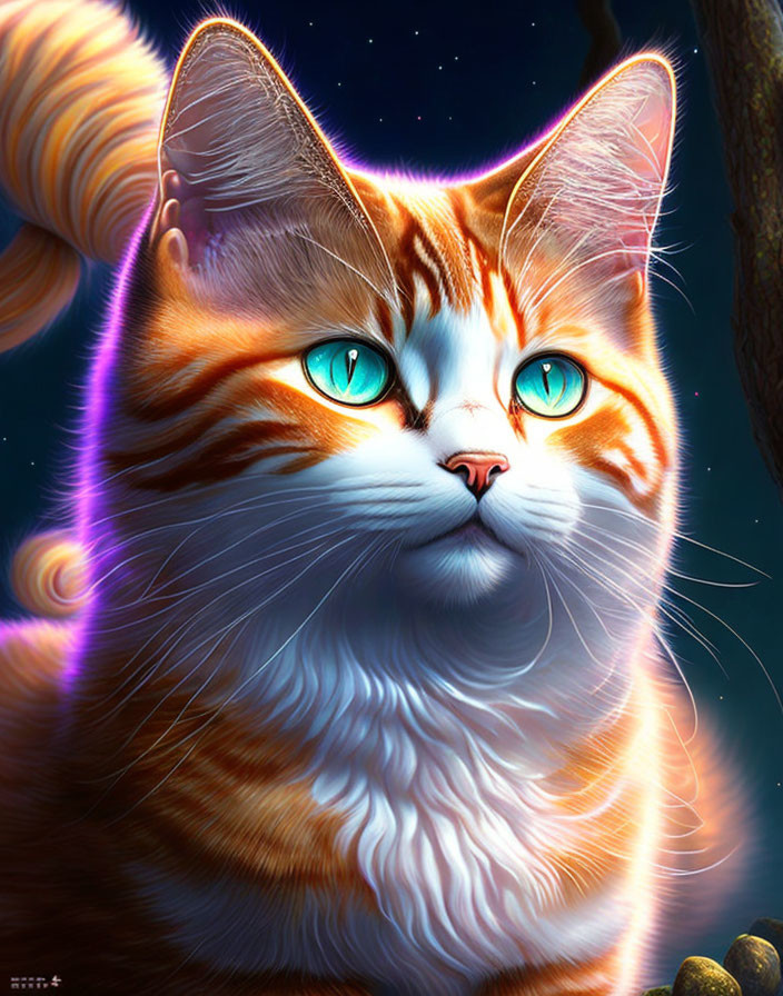 Vibrant orange and white cat with turquoise eyes on dark blue backdrop