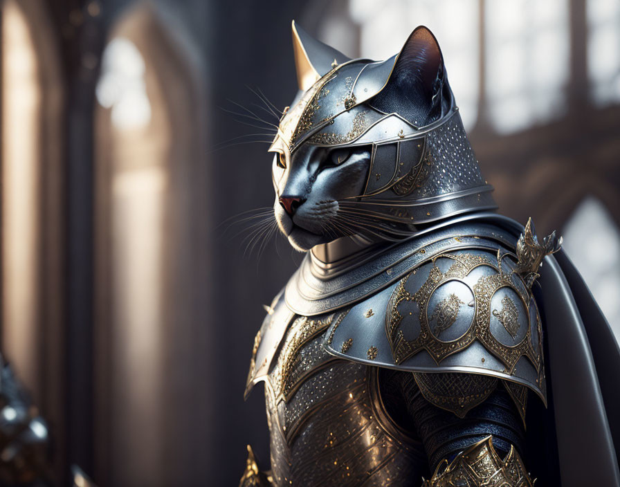 Anthropomorphic Cat in Medieval Knight Armor with Cathedral Background